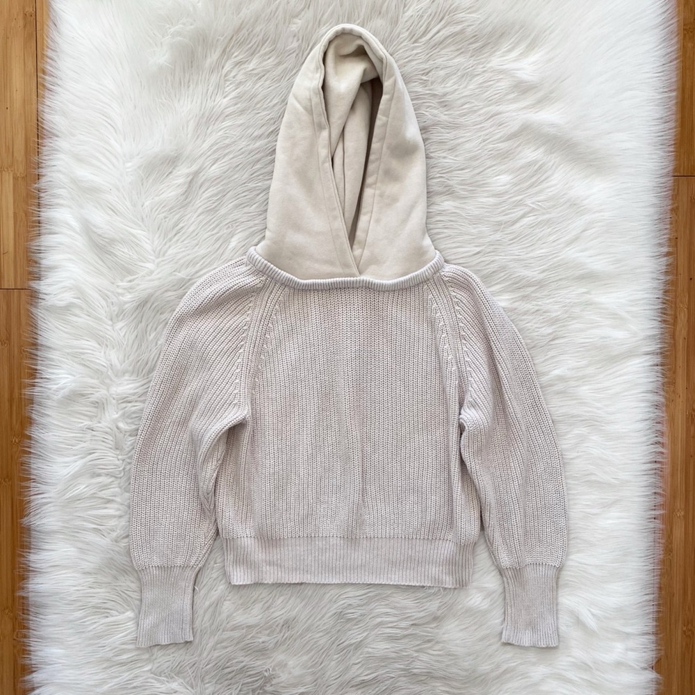 All:Row Beige Oatmeal Knit Cotton Hood Long Sleeve Sweater Pullover Hoodie